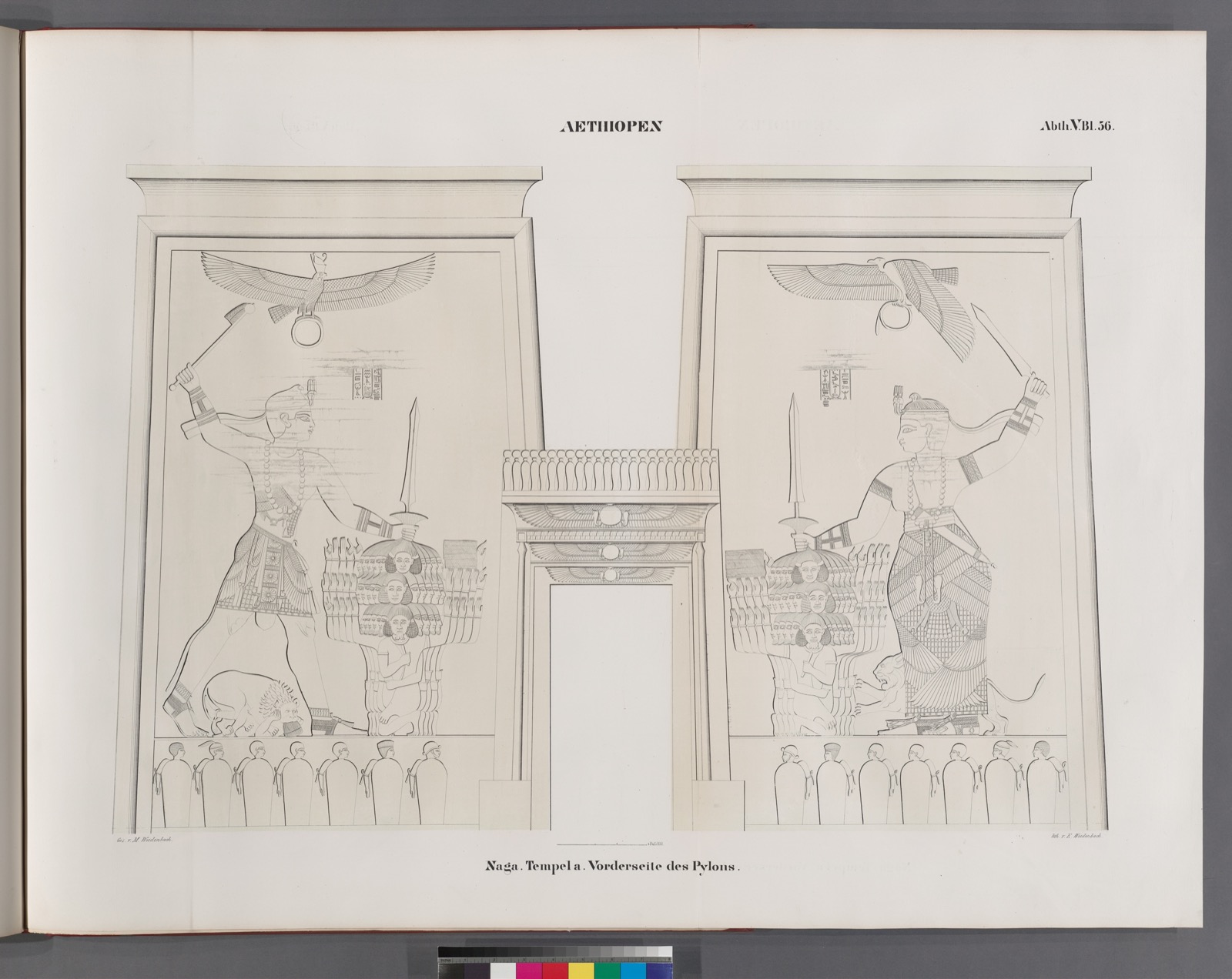 *North pylon, Lion Temple (Apedemak), Naqa — Amanitore smiting enemies*, ca. 20 CE — In situ, Naqa, Sudan; NYPL archival photograph. New York Public Library Digital Collections.