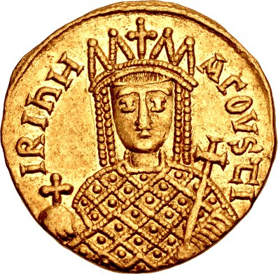 *Solidus of Empress Irene*, Constantinople mint, 797–802 CE — Various public numismatic collections. Solidus of Empress Irene, Constantinople mint, 797–802 CE. Photograph © CNG Coins, CC BY-SA 2.5, via Wikimedia Commons.